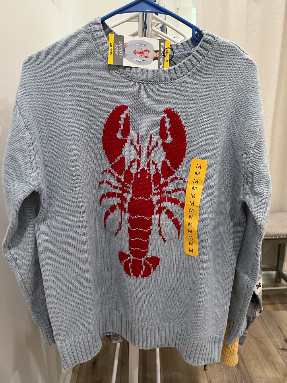 Mighty Fine Light Blue Sweater with Red Lobster Motif